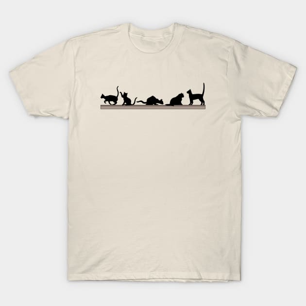 Playful Cats on a Shelf T-Shirt by Alpenglow Workshop